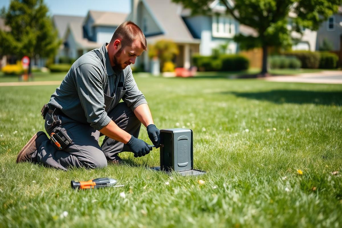 Technician testing an irrigation valve box at a Coppell, TX home in Dallas County